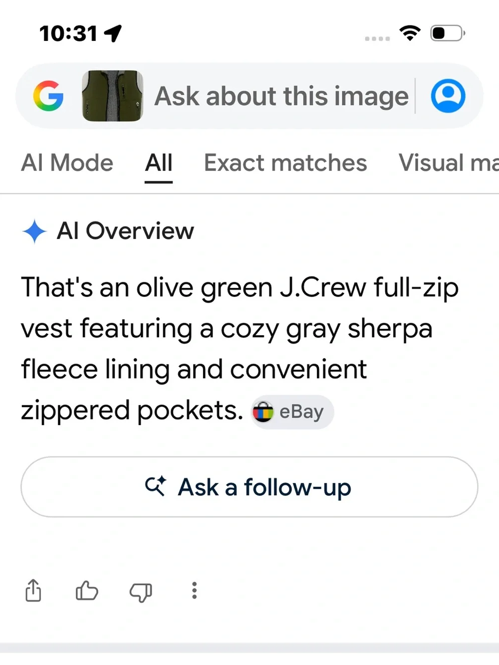 J. Crew Olive Green Vest with Grey Sherpa Lining